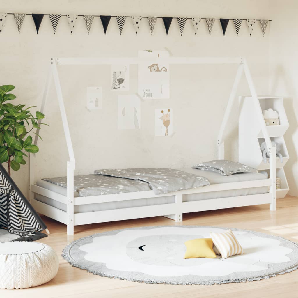 vidaXL Kids Bed Frame White Solid Wood Pine in a child's bedroom with bedding and decorations
