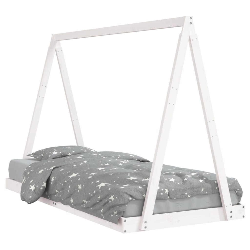 The white solid wood pine kids bed frame with grey star bedding