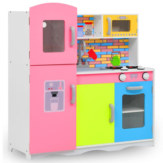 Kids'Play Kitchen MDF Multicolour with pink fridge, green oven and blue cupboard
