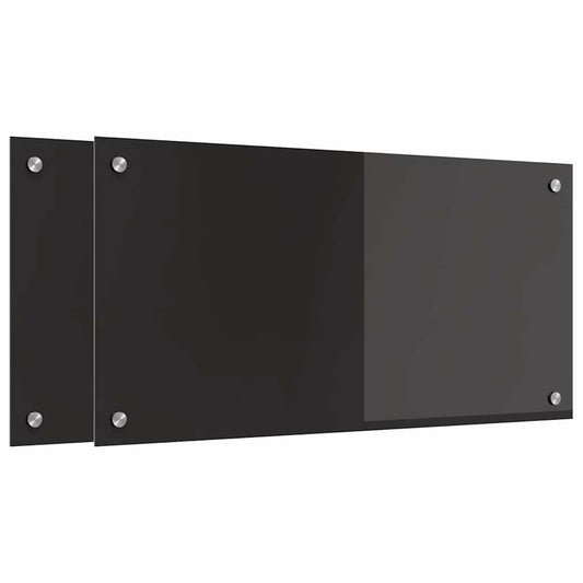 Two black tempered glass kitchen backsplashes with fixing screws