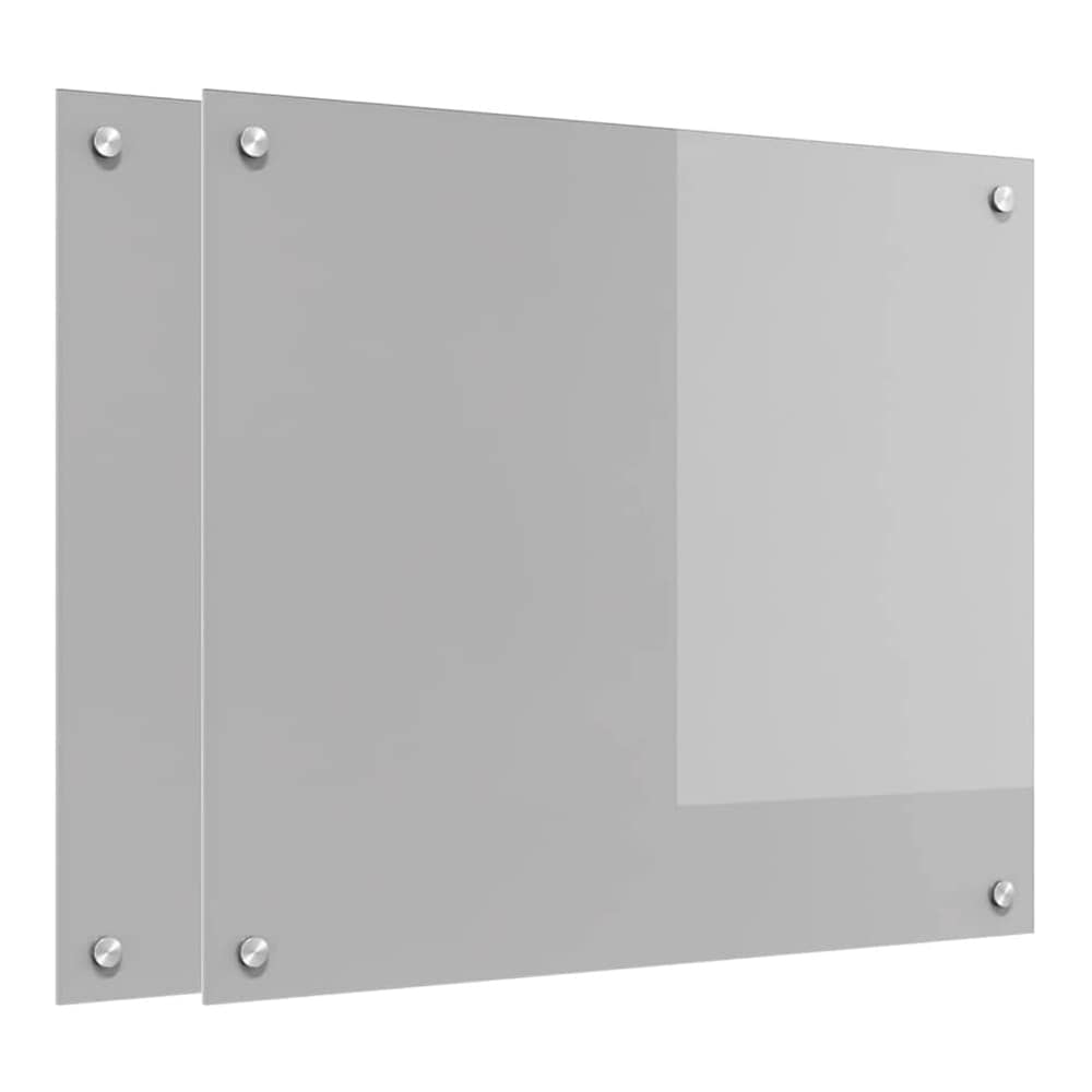 Two light grey tempered glass kitchen backsplashes shown from the front