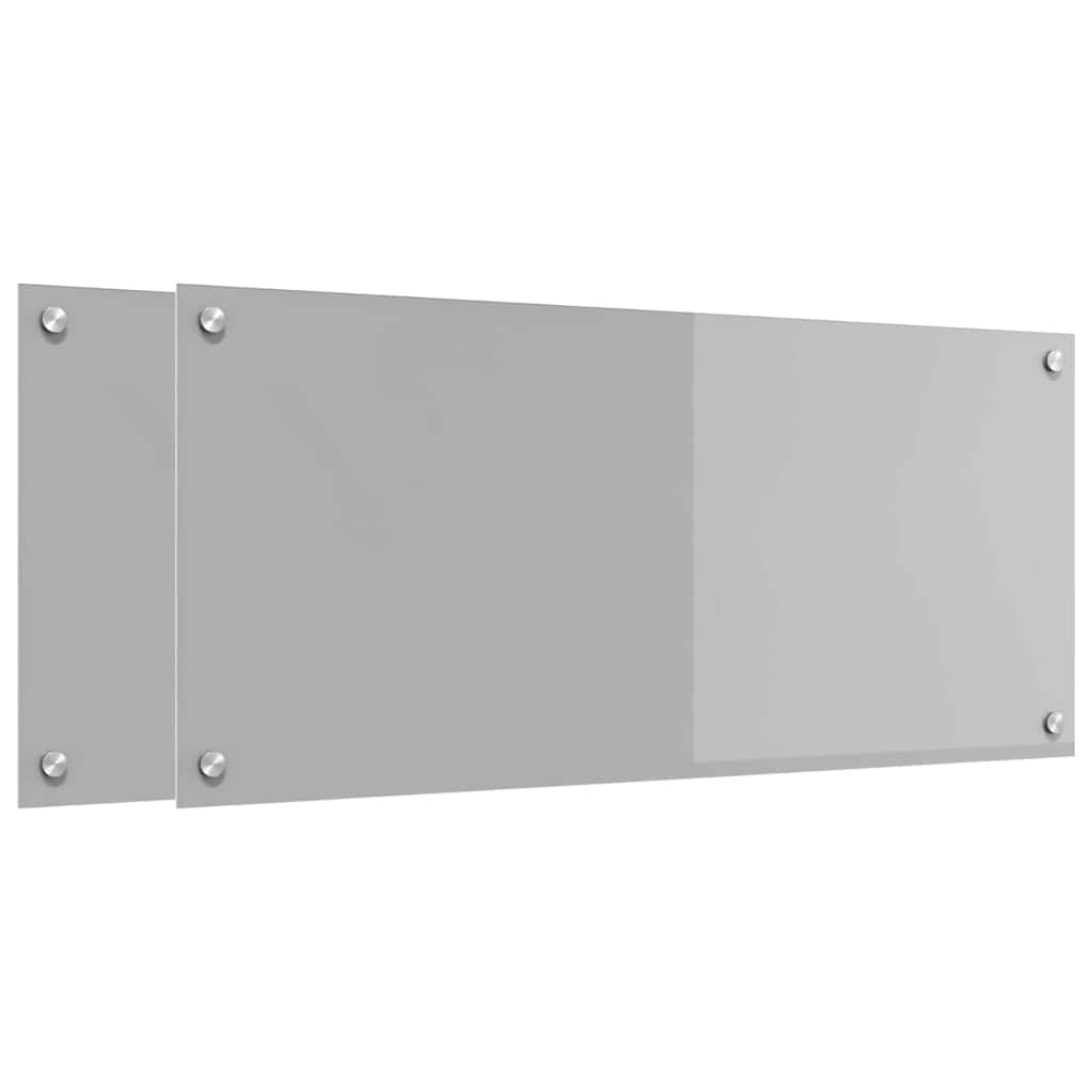 Two light grey tempered glass kitchen backsplashes mounted on a wall