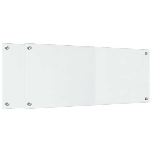 Two transparent tempered glass kitchen backsplashes with screw fixings