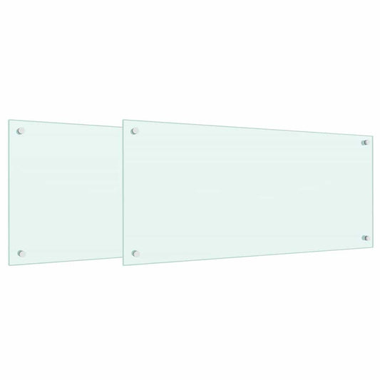 Two white tempered glass kitchen backsplashes with fixing points
