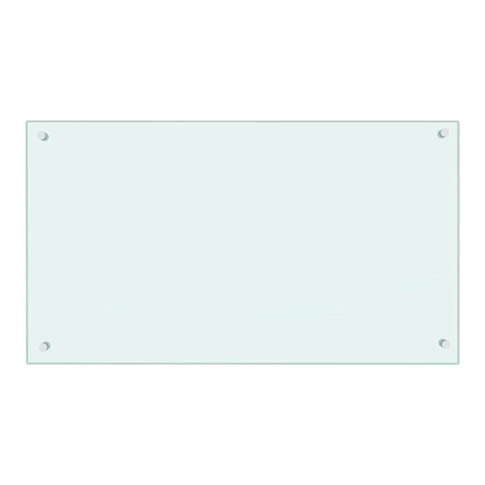 A white tempered glass kitchen backsplash showing fixing holes