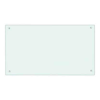A white tempered glass kitchen backsplash showing fixing holes
