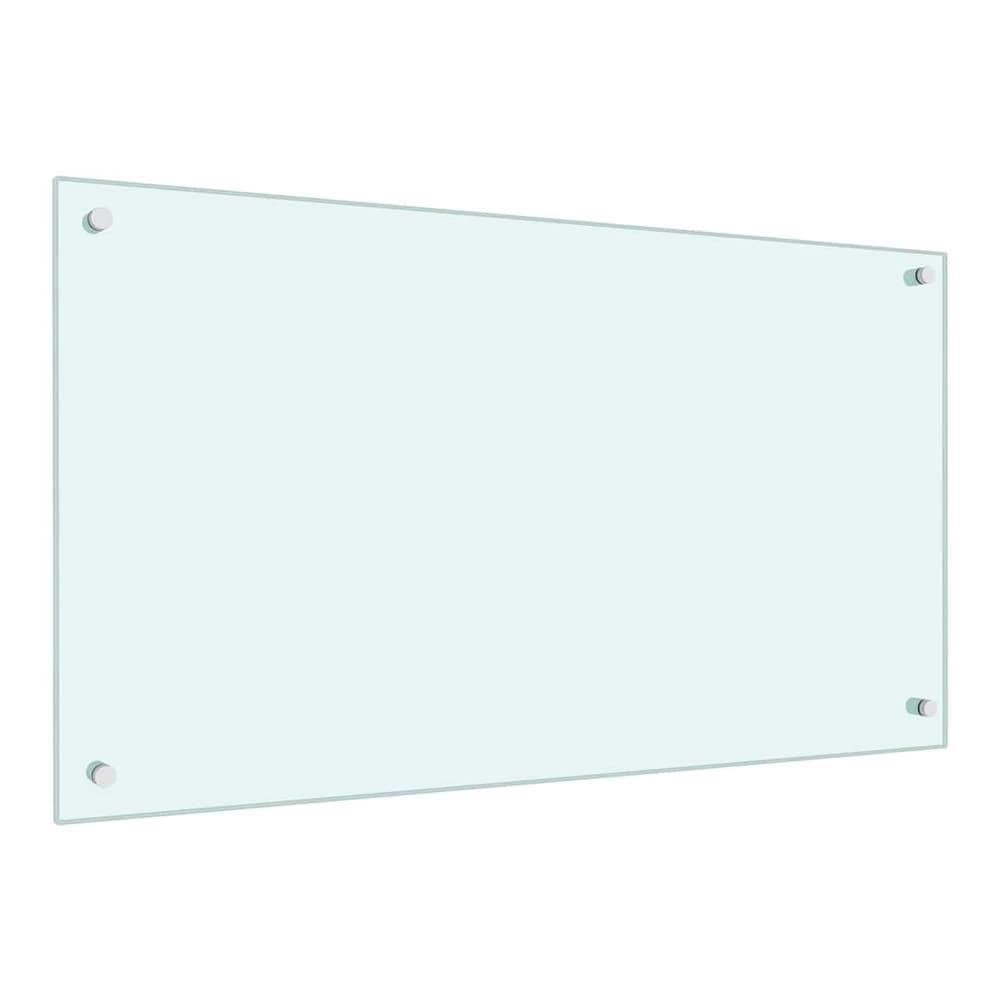 A white tempered glass kitchen backsplash with fixing points