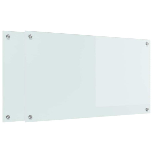 Two white tempered glass kitchen backsplashes with screw holes