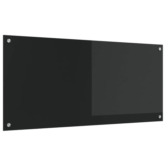 vidaXL Kitchen Backsplash Black Tempered Glass, a plain black rectangular panel with four silver screw fixings