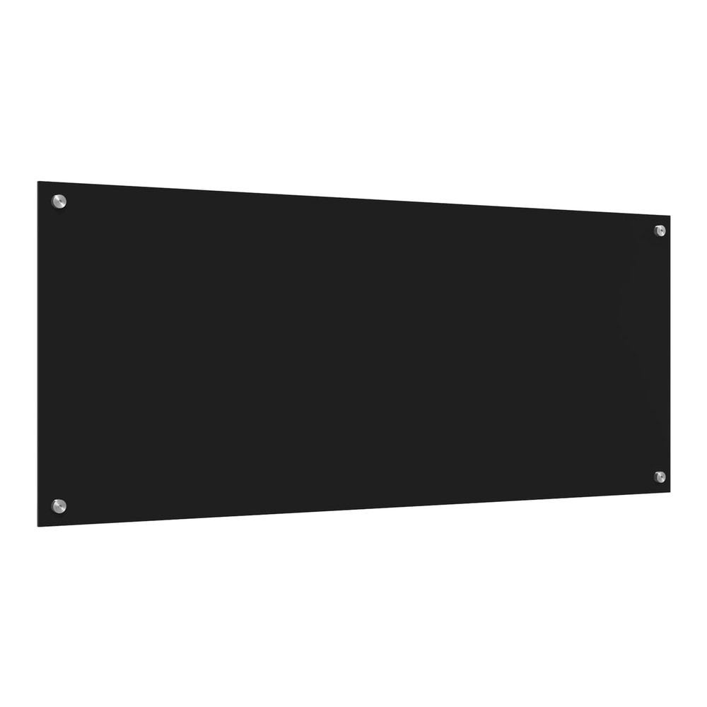 the black kitchen backsplash, a plain rectangular panel with screws on the left