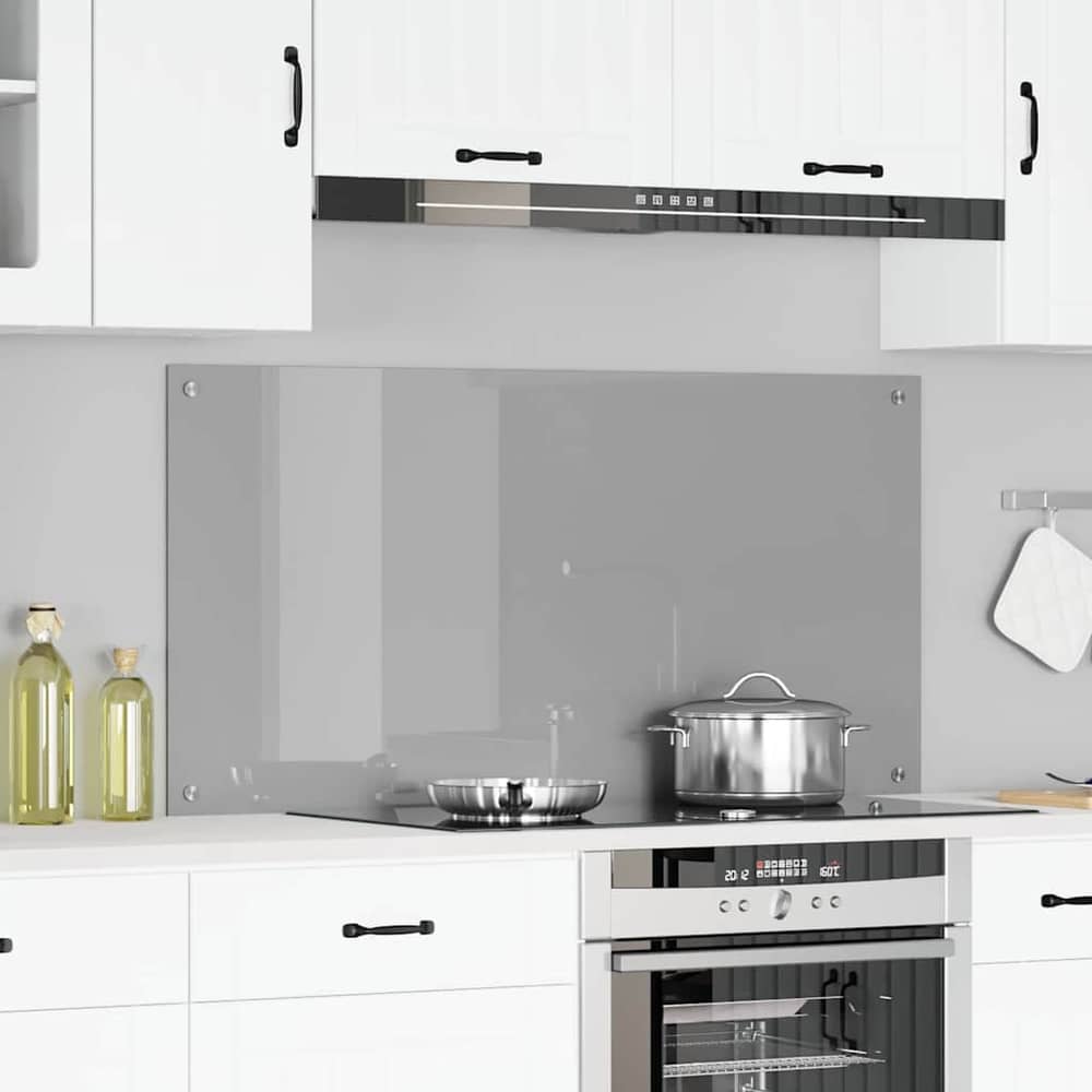 vidaXL Kitchen Backsplash Light Grey Tempered Glass installed behind a hob in a modern kitchen