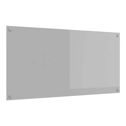 Light grey tempered glass kitchen backsplash shown mounted on a plain background with four screws