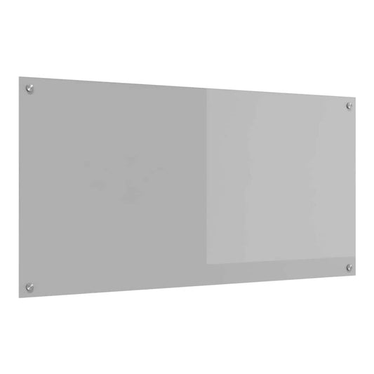 Light grey tempered glass kitchen backsplash shown mounted on a plain background with four screws