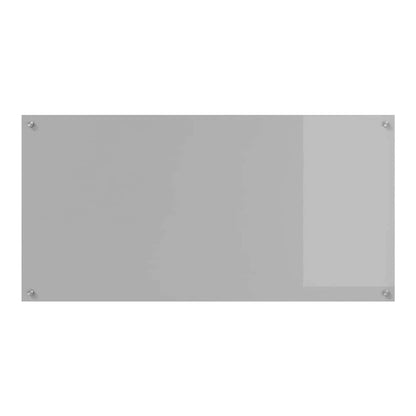 A light grey tempered glass kitchen backsplash with a slightly lighter rectangular area on the right