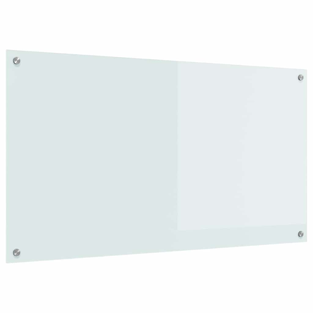 White tempered glass kitchen backsplash mounted on a wall with screws