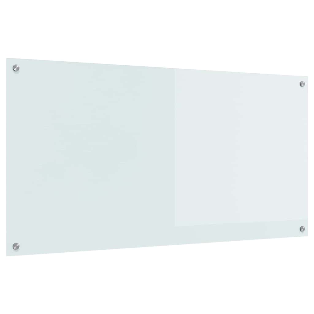 White tempered glass kitchen backsplash shown mounted on a wall