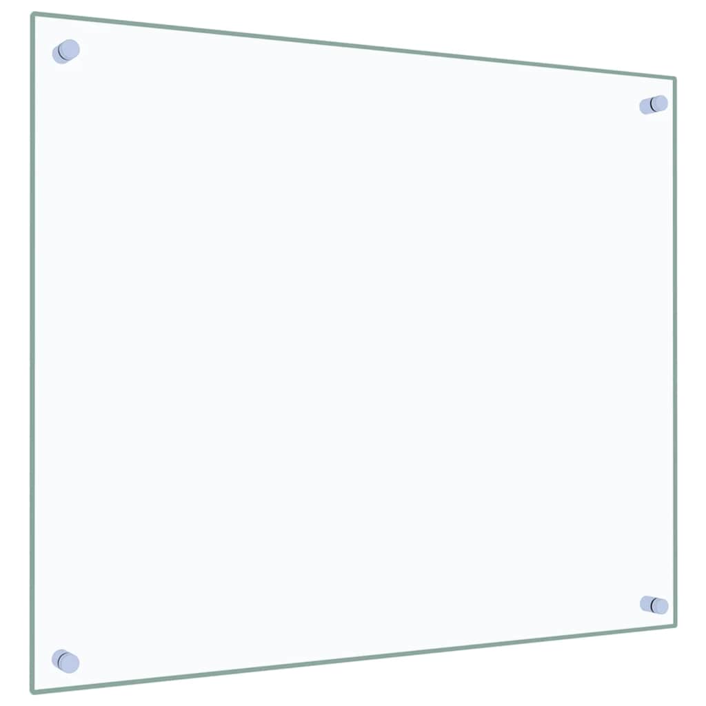 A transparent glass backsplash with four silver fixings angled