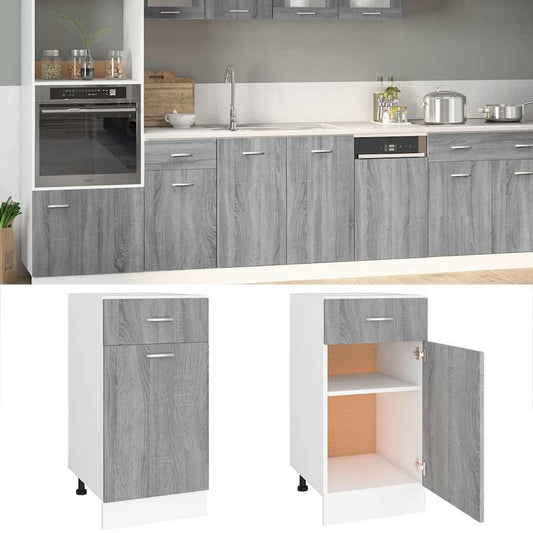 Kitchen Base Cabinet "Lyon" Engineered Wood Grey sonoma 1x bottom cabinet (1 door 1 drawer) 30–1x hanging cabinet (1 door) 40 cm wide 60 cm high 1x bottom cabinet (1 door 1 drawer) 40 cm