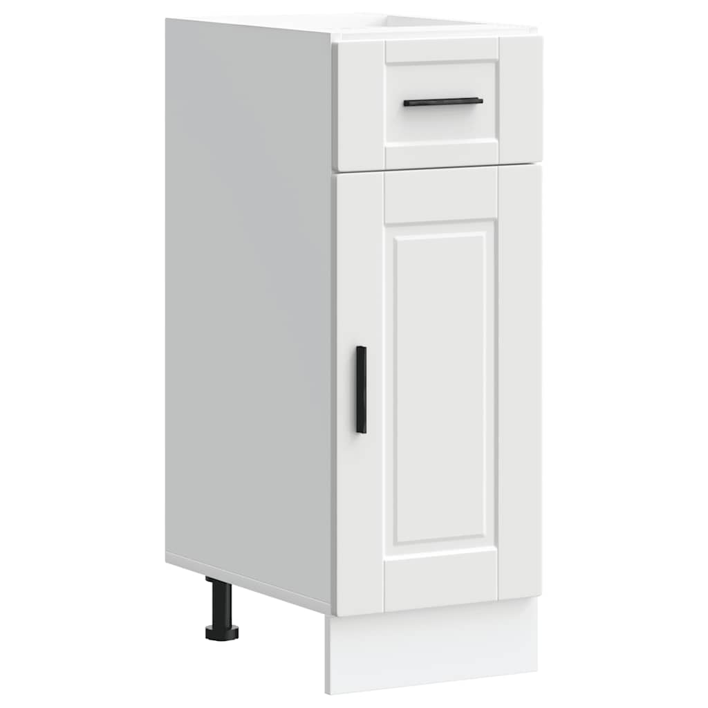 A white kitchen base cabinet with a single drawer and a single door, shown from a slight angle