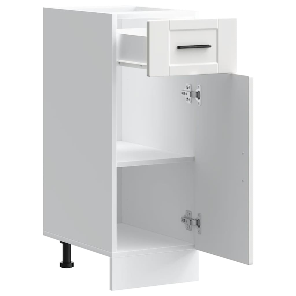 The white kitchen cabinet with its drawer and door open, revealing the interior shelves