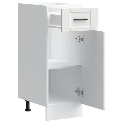 The white kitchen cabinet with its drawer and door open, revealing the interior shelves