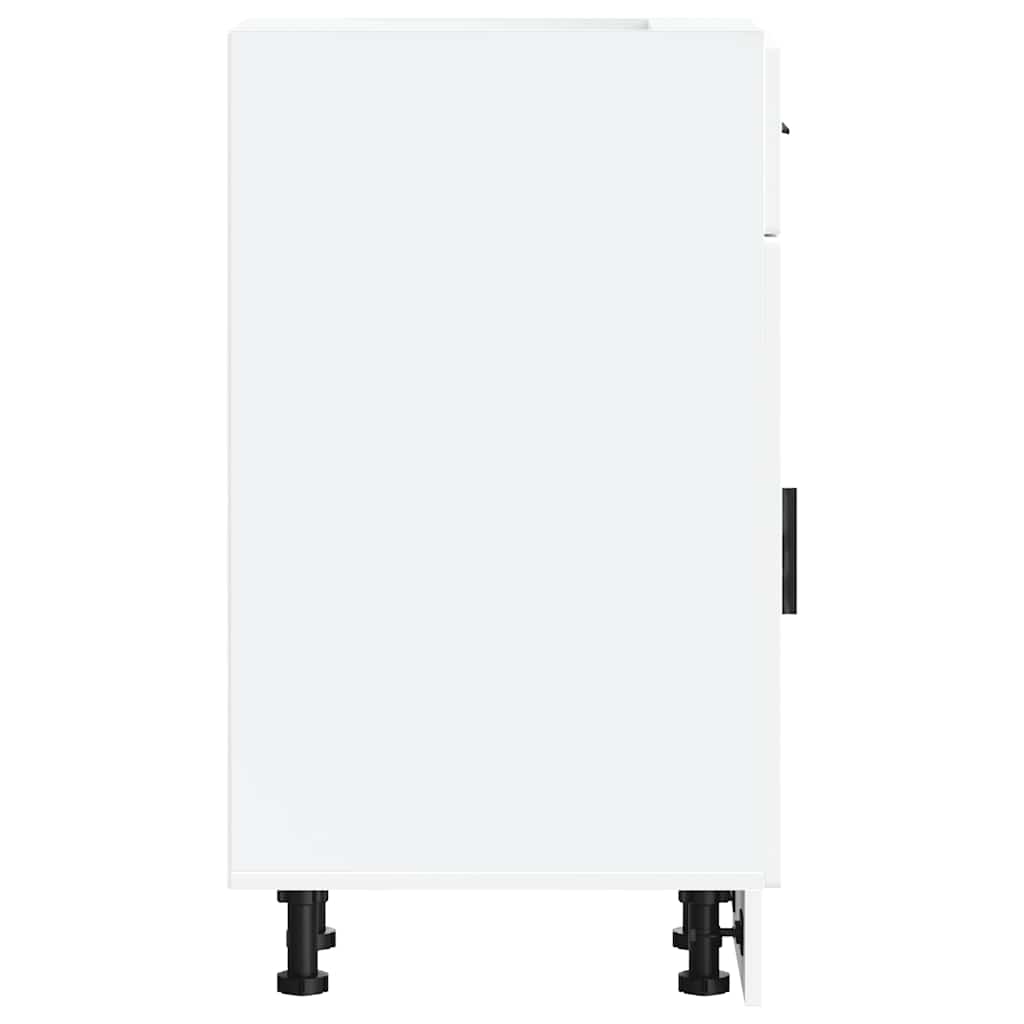 Side view of the white kitchen base cabinet, showing its structure and adjustable legs