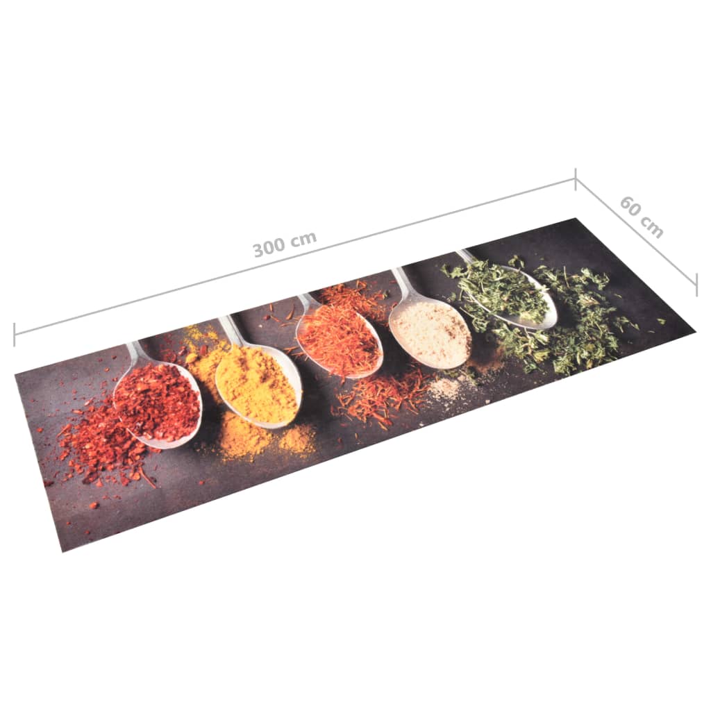 This washable kitchen runner has a pattern of spoons with spices and includes dimensions
