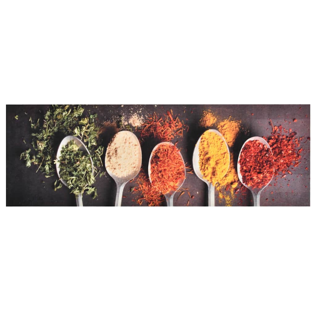 Kitchen Carpet Washable Spoons featuring five spoons filled with colourful spices on a dark background