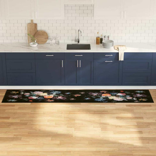 vidaXL Kitchen Rug Black with a floral pattern on a wooden floor in a kitchen setting