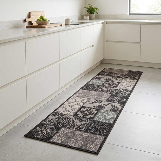 vidaXL Kitchen Rug Black Mosaic 300 x 60 cm 100% Polyamide Washable 1