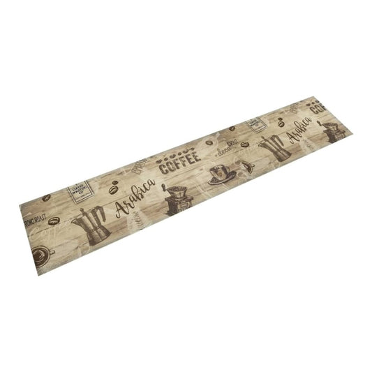 vidaXL Kitchen Rug Washable Coffee Brown, a long rectangular mat with a coffee-themed pattern on a wooden background