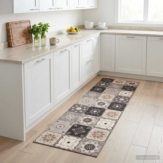 vidaXL Kitchen Rug Grey and Beige Mosaic 300 x 60 cm 100% Polyamide 1