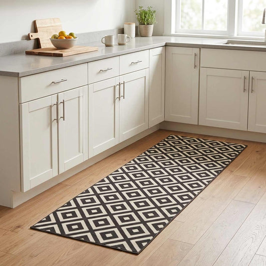 vidaXL Kitchen Rug Grey and White Diamonds 300 x 60 cm 100% Polyamide 1