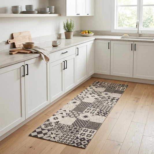 vidaXL Kitchen Rug Grey Mosaic 300 x 60 cm 100% Polyamide Washable 1