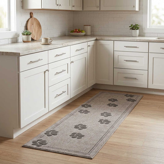 vidaXL Kitchen Rug Grey Paws 300 x 60 cm 100% Polyamide Washable 1