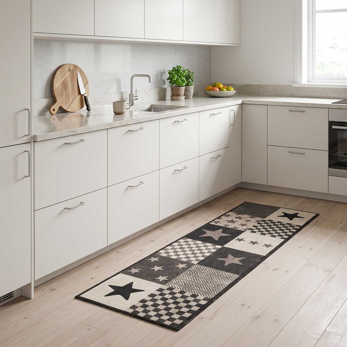 vidaXL Kitchen Rug Grey Stars 300 x 60 cm 100% Polyamide Washable 1