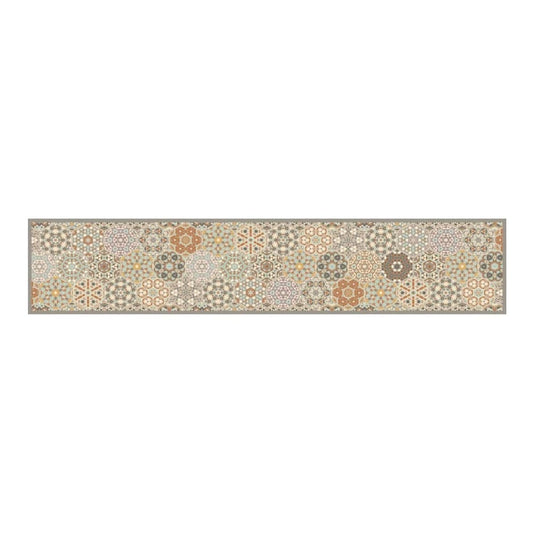 The kitchen rug laid flat showing the full pattern of pastel hexagon shapes
