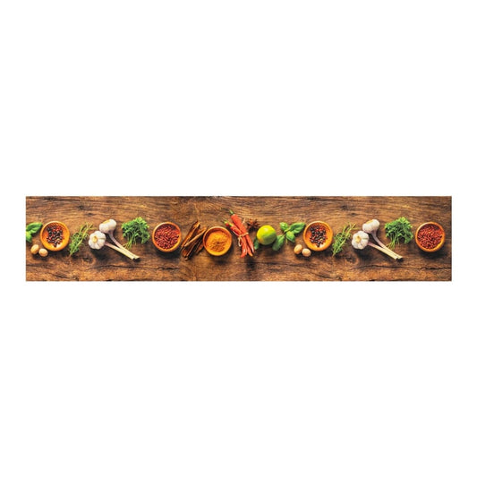 the door mat featuring a pattern of bowls with spices on a wooden background