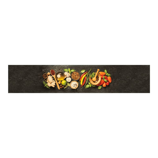 A long kitchen runner with a pattern of various spices and ingredients on a dark textured background
