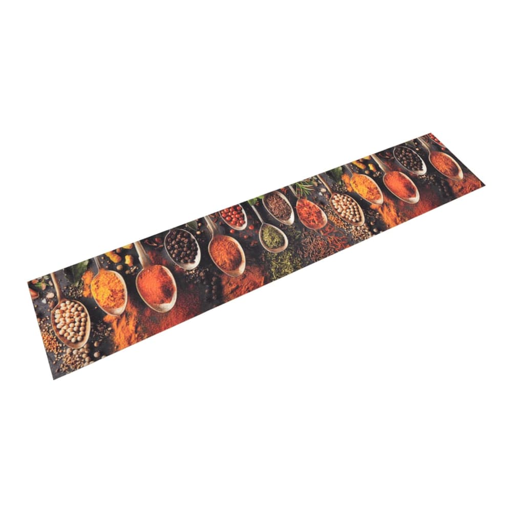 vidaXL Kitchen Rug Washable Spoon & Spices Velvet, a long rectangular rug with a pattern of spoons filled with various spices
