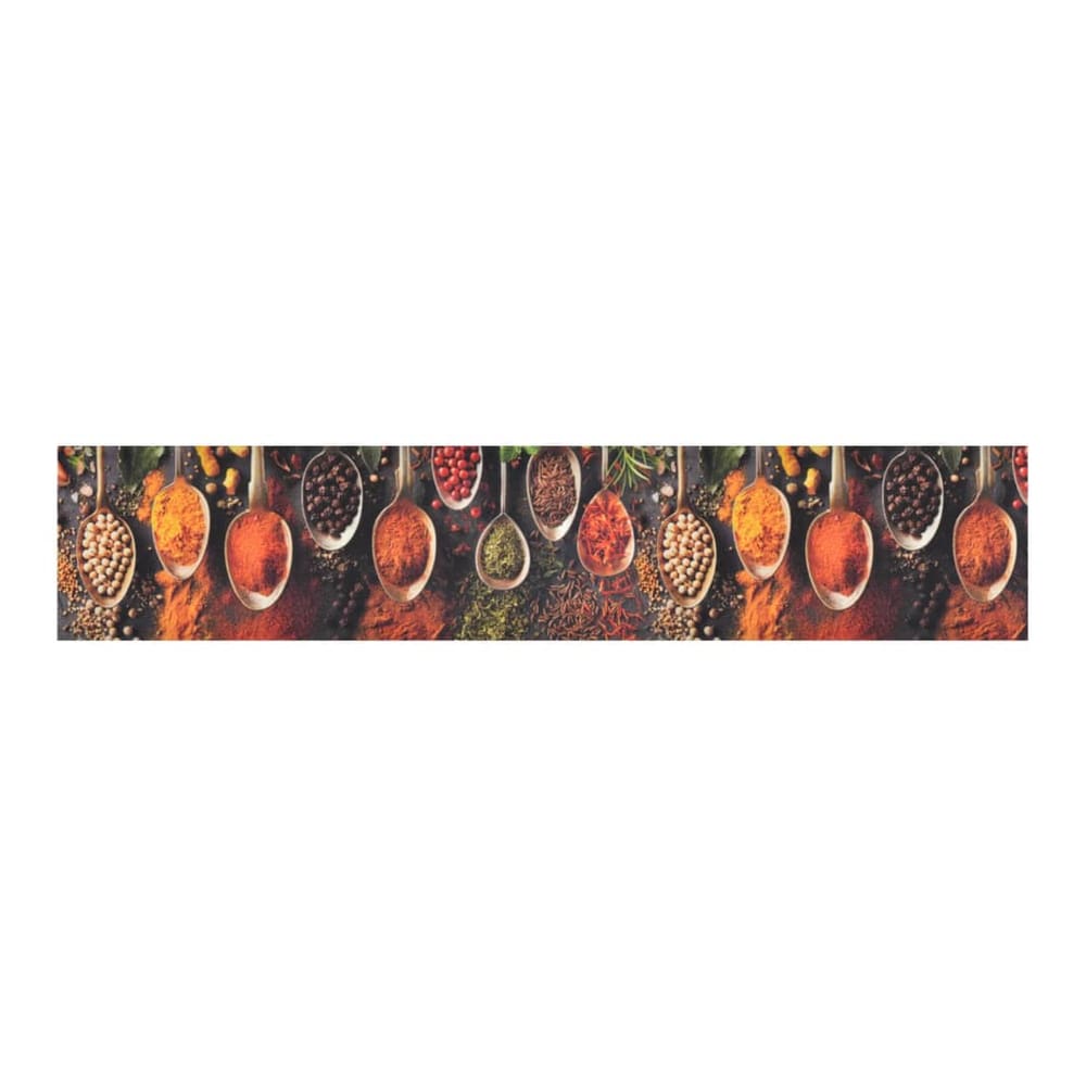 A long rectangular rug featuring a repeating pattern of spoons filled with colourful spices