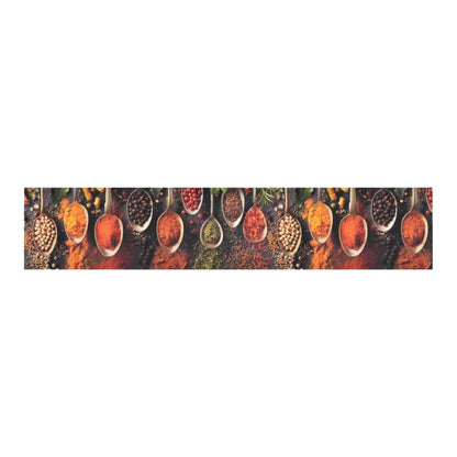 A long rectangular rug featuring a repeating pattern of spoons filled with colourful spices