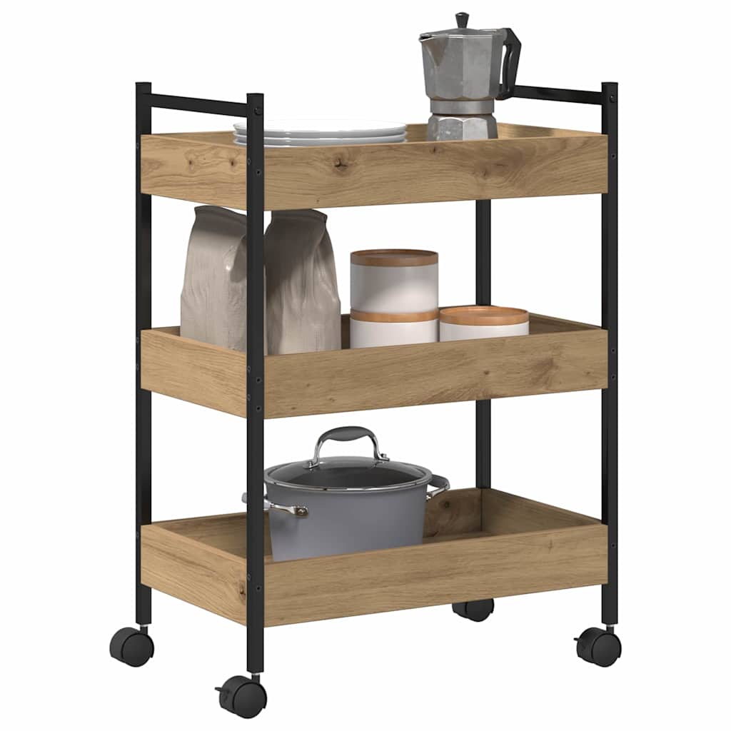 the kitchen trolley filled with kitchenware including a pot and storage jars on the shelves