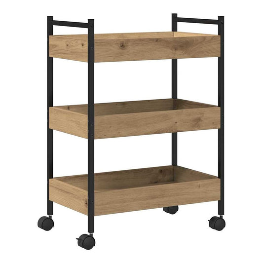 the kitchen trolley with three wooden shelves and a black metal frame on castor wheels
