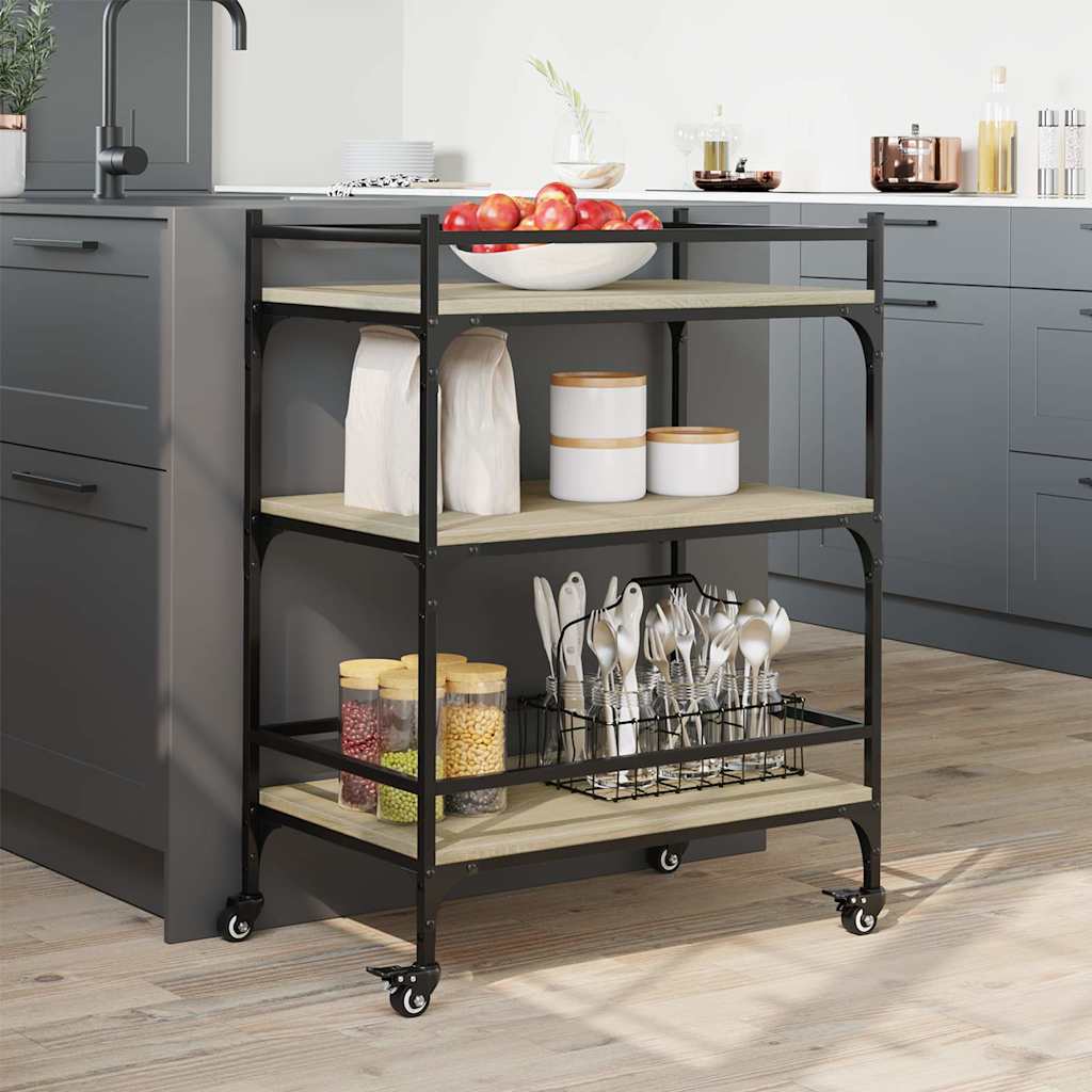 The kitchen trolley in a grey kitchen setting, holding kitchenware
