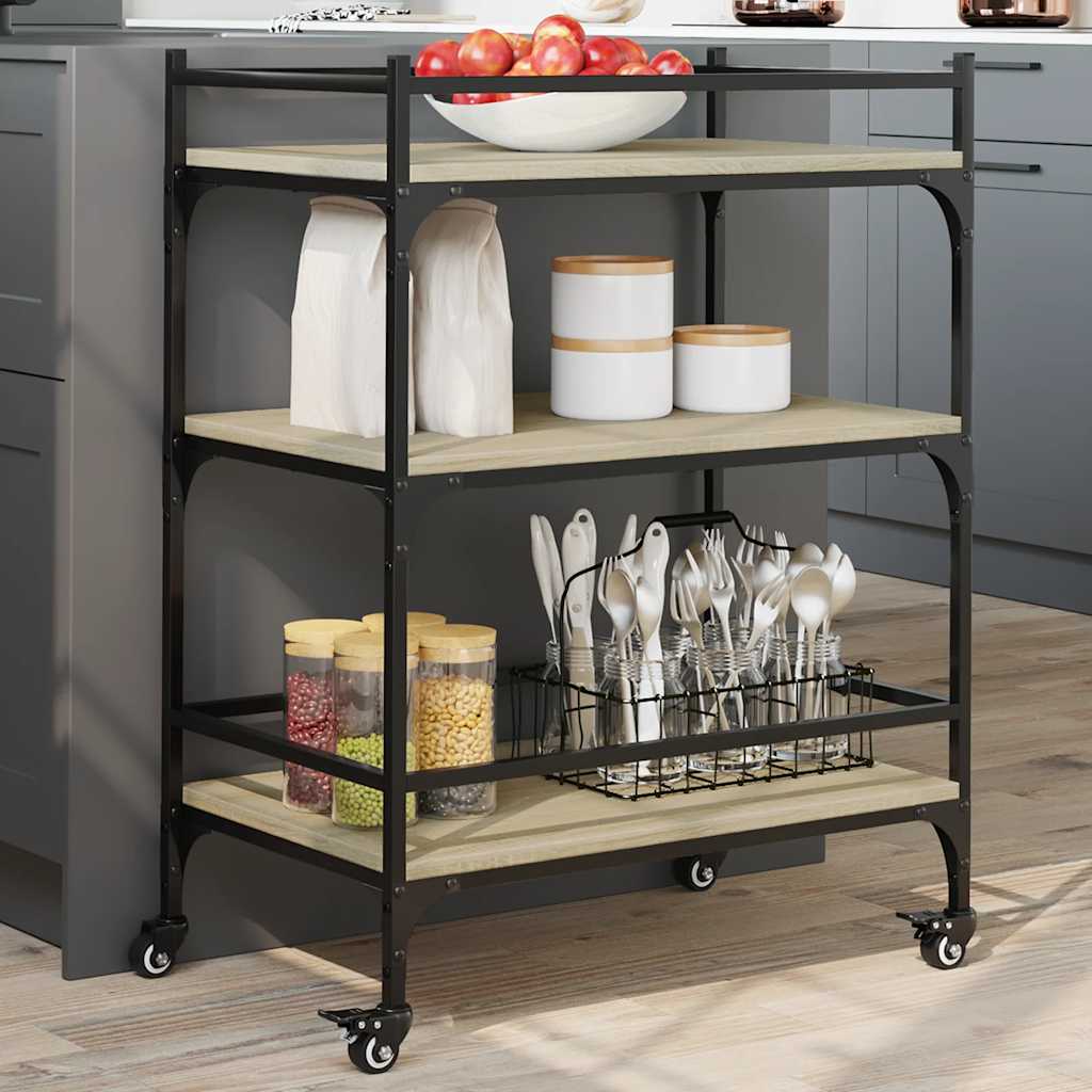 vidaXL Kitchen Trolley Sonoma Oak Engineered Wood with three shelves and wheels, holding bowls and bags