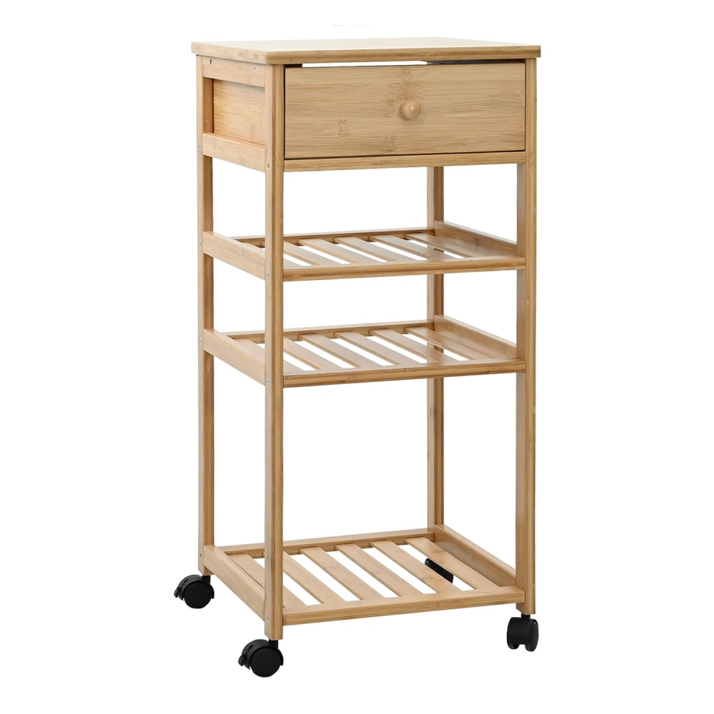 The bamboo kitchen trolley from the front, showing its natural finish and four wheels