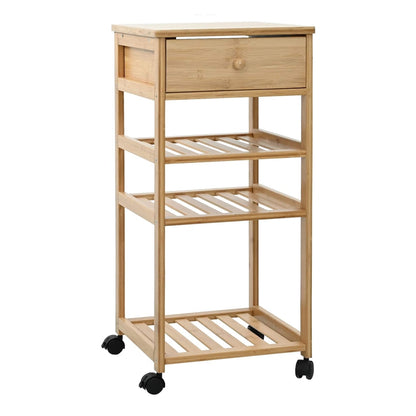 The bamboo kitchen trolley from the front, showing its natural finish and four wheels
