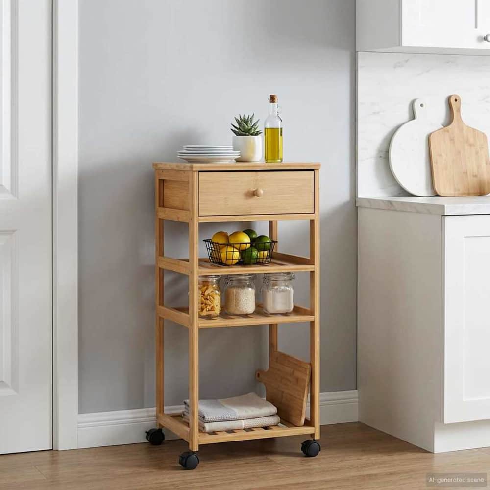 vidaXL Kitchen Trolley with Wheels Natural Bamboo showing the front with a drawer and three slatted shelves
