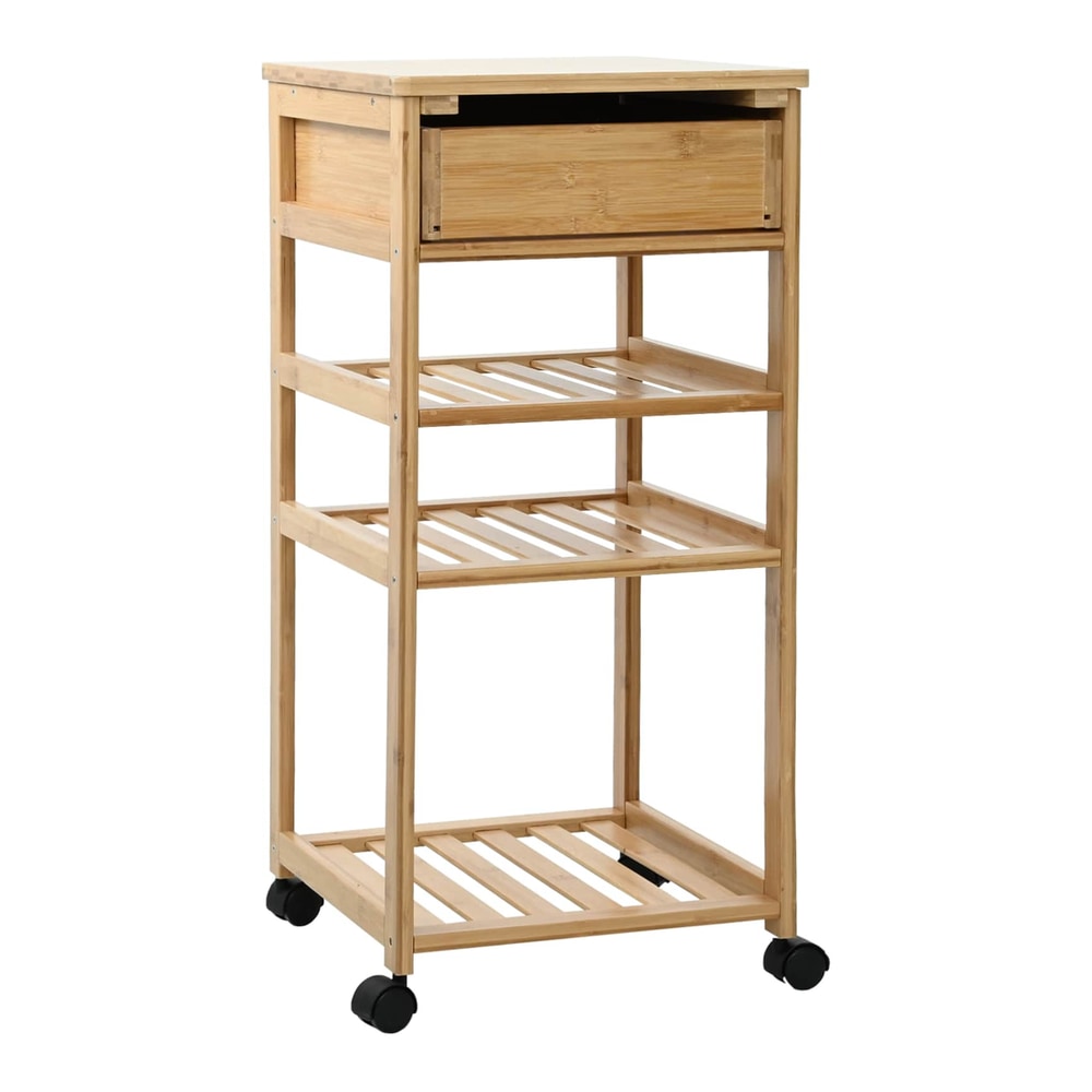 The bamboo kitchen trolley from the back, with wheels visible